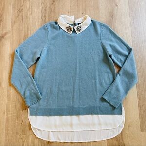 100% Cashmere Light Blue Sweater with Embellished White Collar